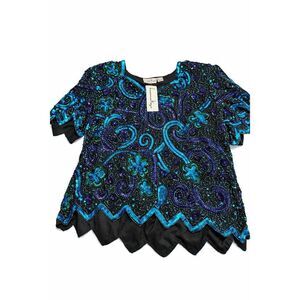 NWT Laurence Kazar Silk Beaded Sequin Top Blouse Plus Size 2X New